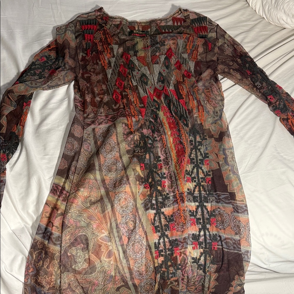 Johnny Was Paisley Embroidered Long-Sleeve Dress in Brown, Red and Orange